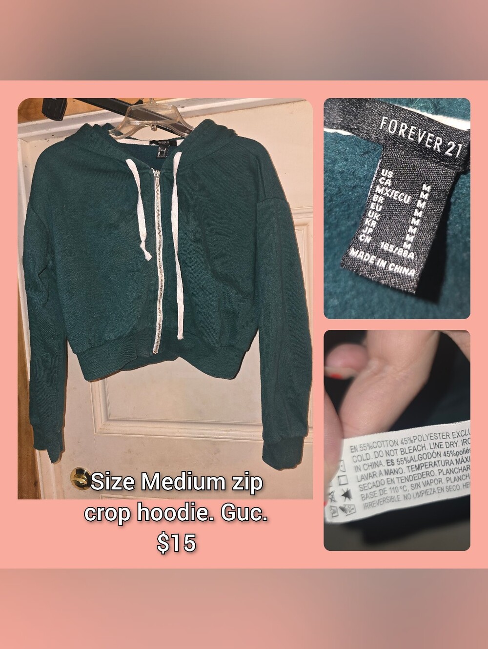 Forever 21 Dark Teal Cropped Zip Hoodie with White Drawstrings
